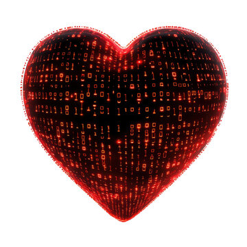 Digital heart shaped graphic with binary code pattern against a transparent background.