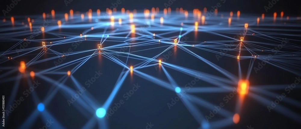 Poster 3d abstract network with lines and dots on a dark blue background, symbolizing data exchange, digita