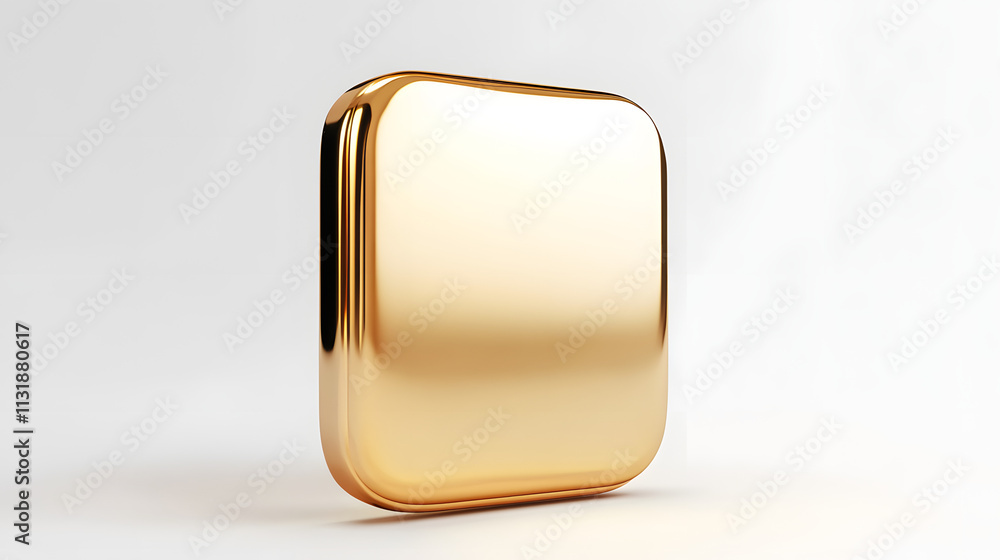 Poster blank mobile application icon, button - golden square with round corners. 3d rendering, white backgr