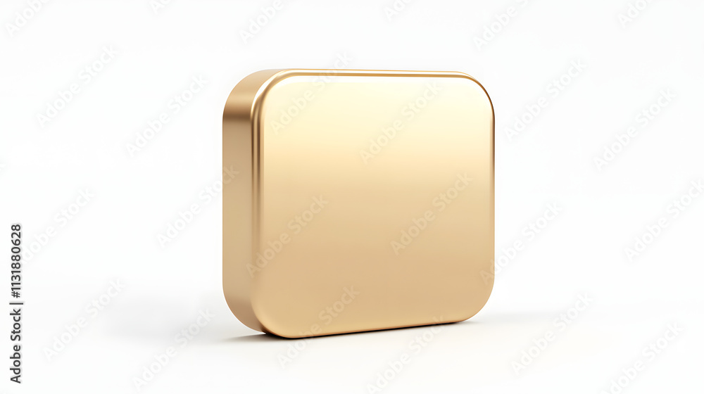 Poster blank mobile application icon, button - golden square with round corners. 3d rendering, white backgr