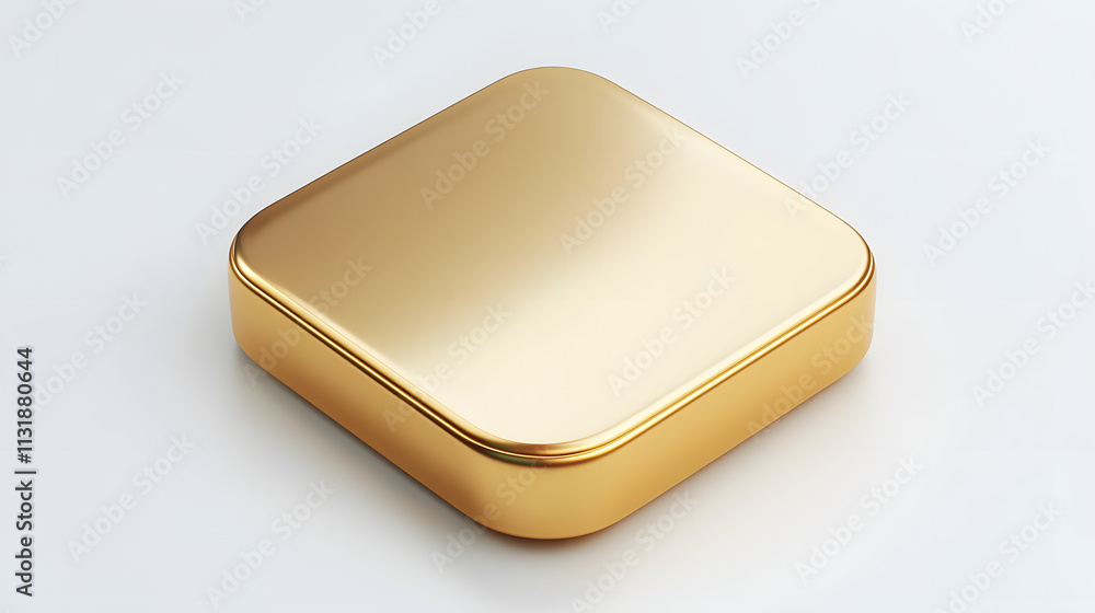 Poster blank mobile application icon, button - golden square with round corners. 3d rendering, white backgr