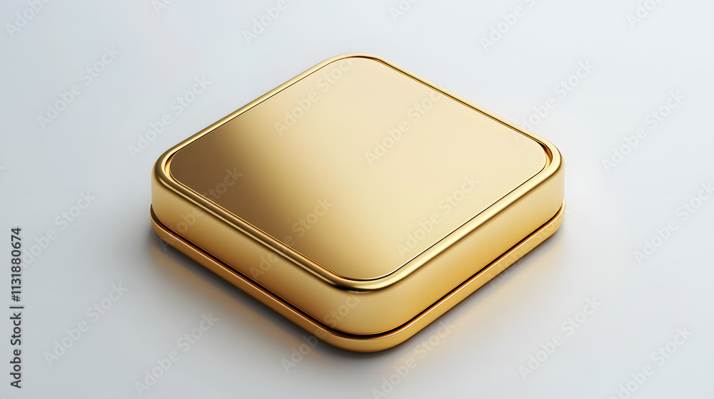 Poster blank mobile application icon, button - golden square with round corners. 3d rendering, white backgr