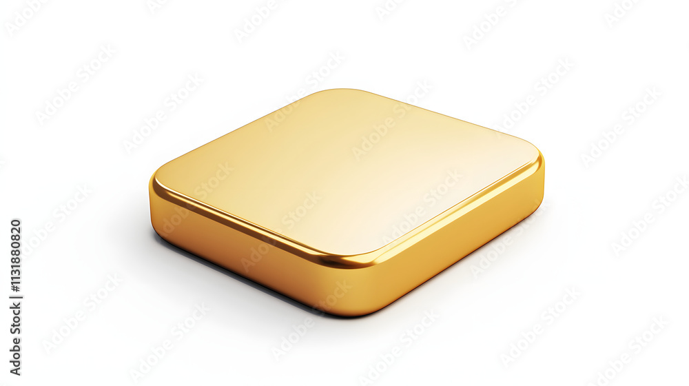 Poster blank mobile application icon, button - golden square with round corners. 3d rendering, white backgr