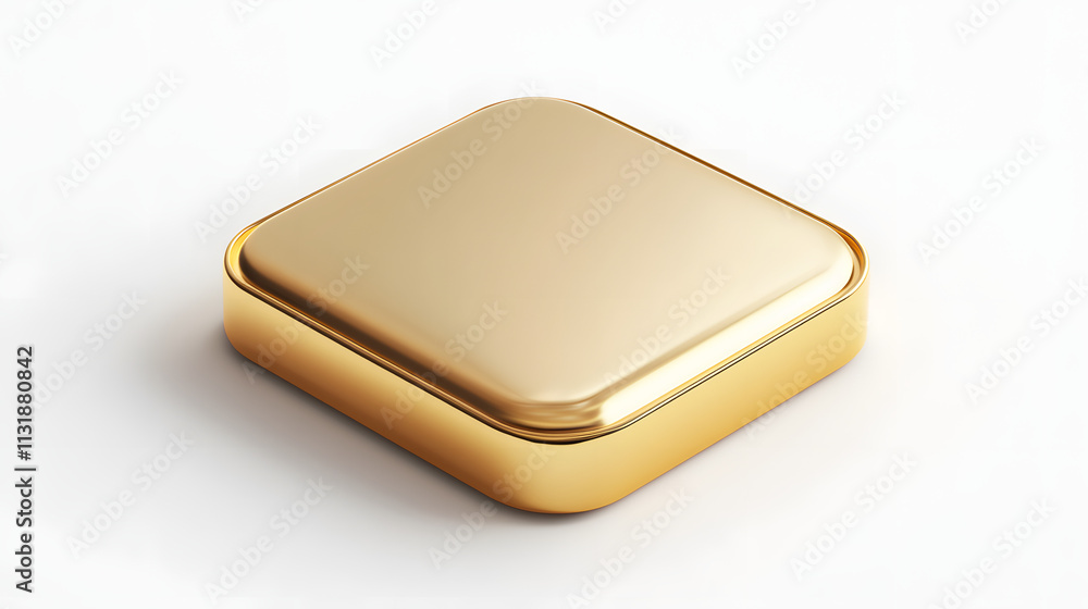 Poster blank mobile application icon, button - golden square with round corners. 3d rendering, white backgr