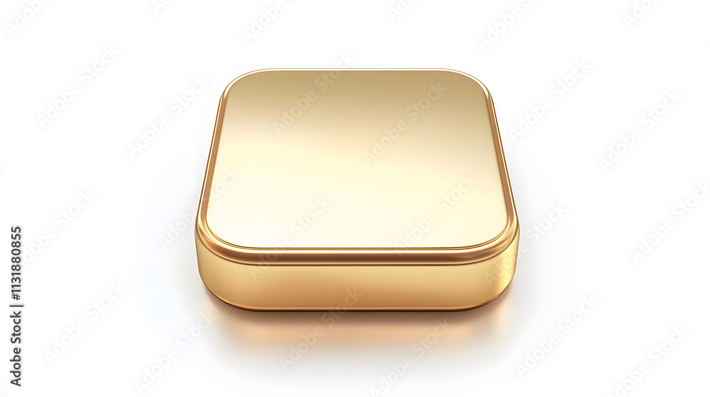 Poster blank mobile application icon, button - golden square with round corners. 3d rendering, white backgr