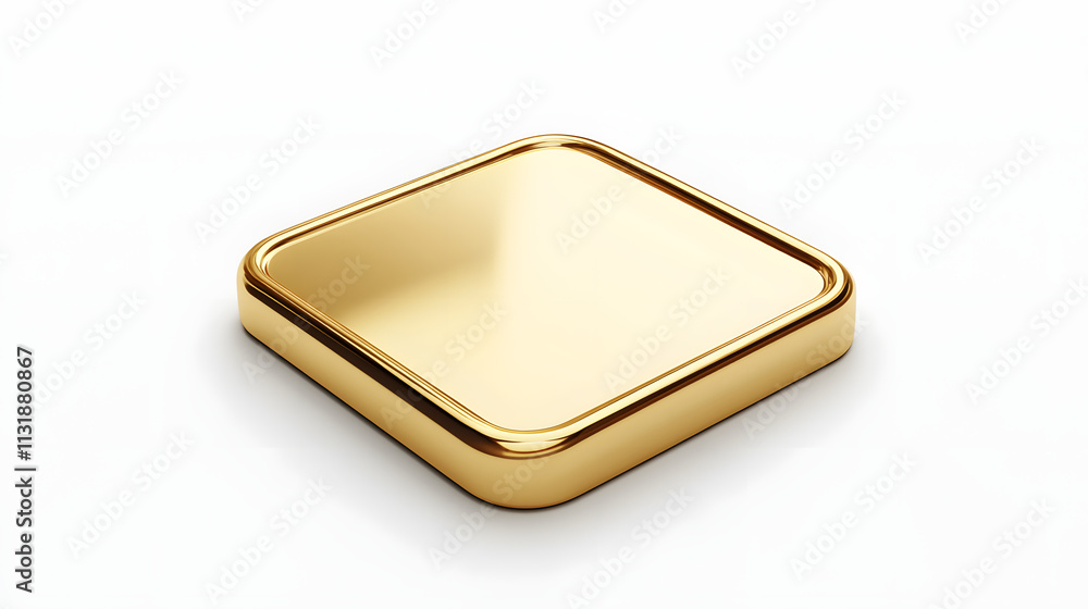 Poster blank mobile application icon, button - golden square with round corners. 3d rendering, white backgr