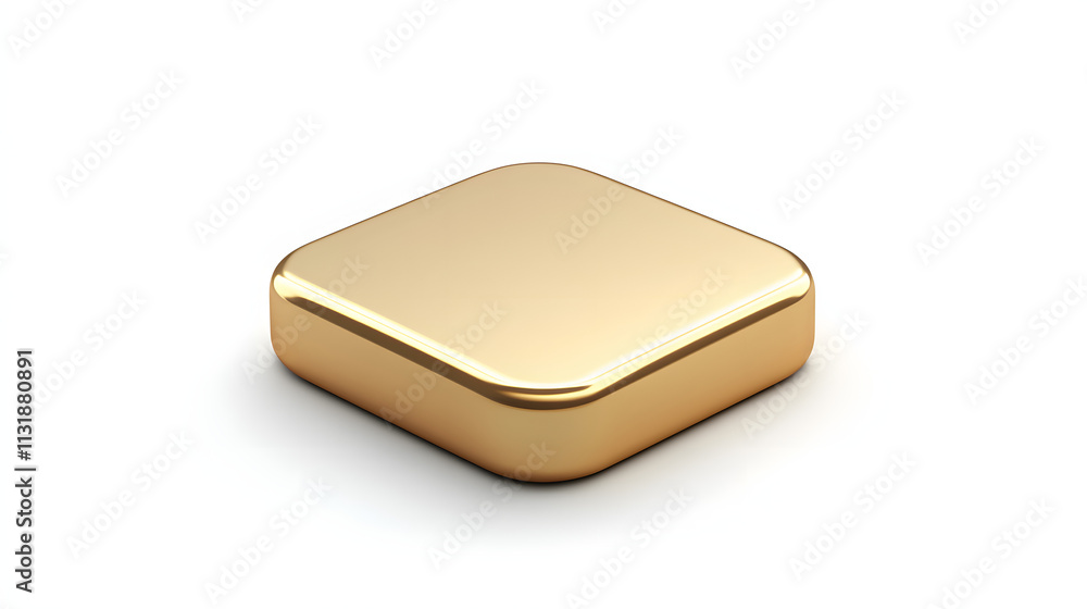 Poster blank mobile application icon, button - golden square with round corners. 3d rendering, white backgr