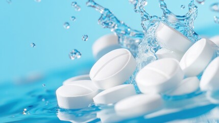 White tablets react with water, causing splashes and ripples in a bright pool, showcasing the process of dissolution in a lively manner