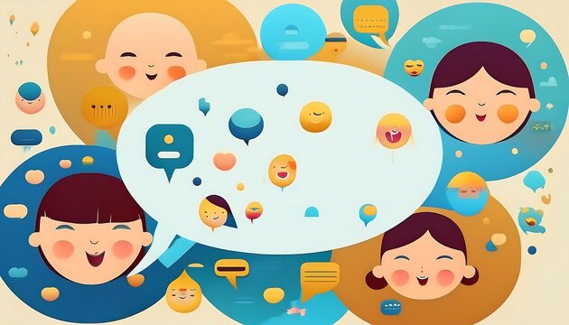 Speech bubbles and emojis represent the diverse ways people communicate online, highlighting digital interactions and expressions.