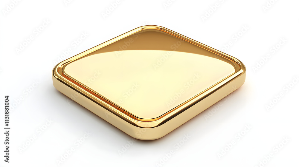 Poster blank mobile application icon, button - golden square with round corners. 3d rendering, white backgr