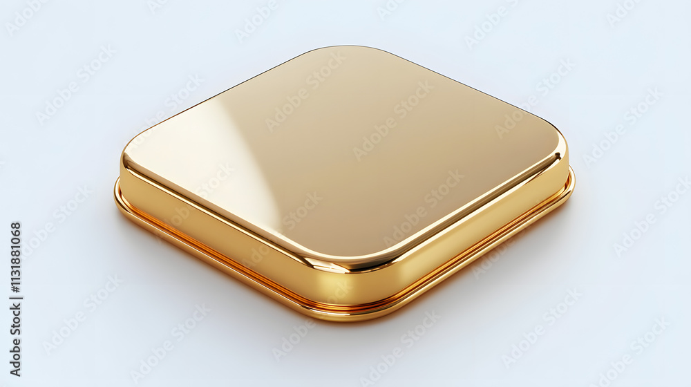 Poster blank mobile application icon, button - golden square with round corners. 3d rendering, white backgr