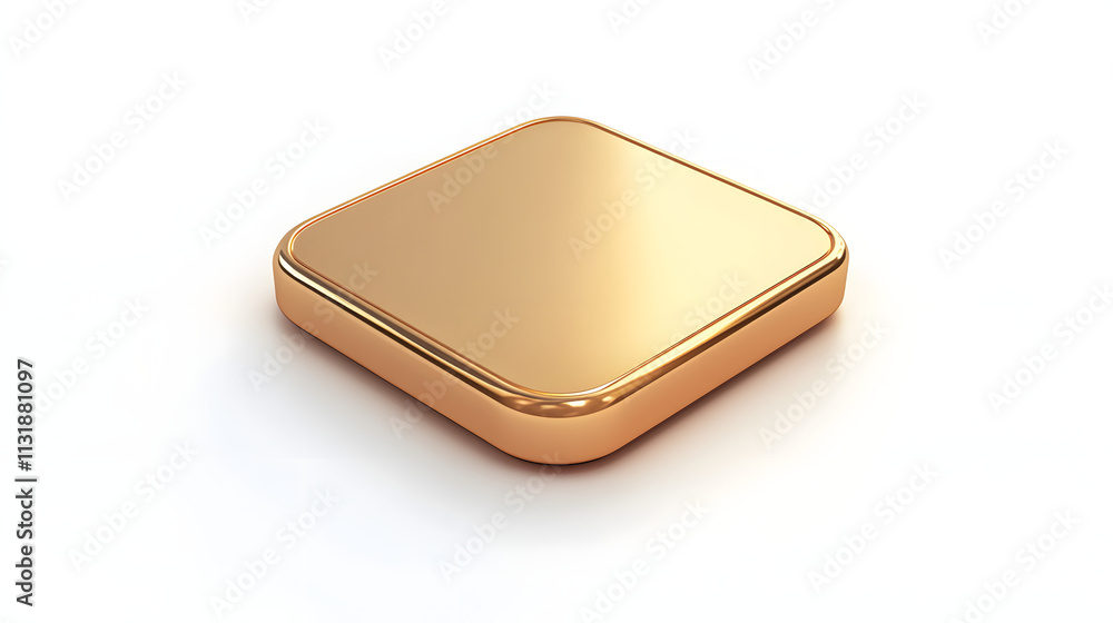 Poster blank mobile application icon, button - golden square with round corners. 3d rendering, white backgr