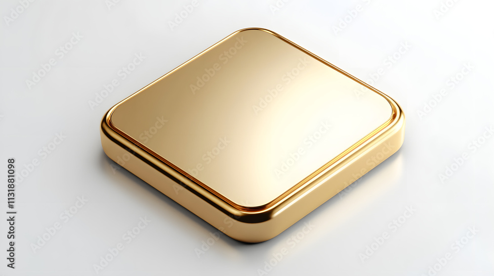 Poster blank mobile application icon, button - golden square with round corners. 3d rendering, white backgr