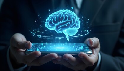 The holographic display is emitted by a futuristic silver handheld device, featuring a 3D holographic brain surrounded by binary code. The device has a sleek design and a large transparent touchscreen