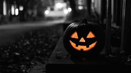 Halloween jack-o'-lantern in a dark neighborhood street at night.