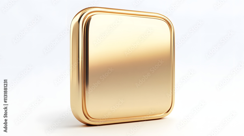 Poster blank mobile application icon, button - golden square with round corners. 3d rendering, white backgr