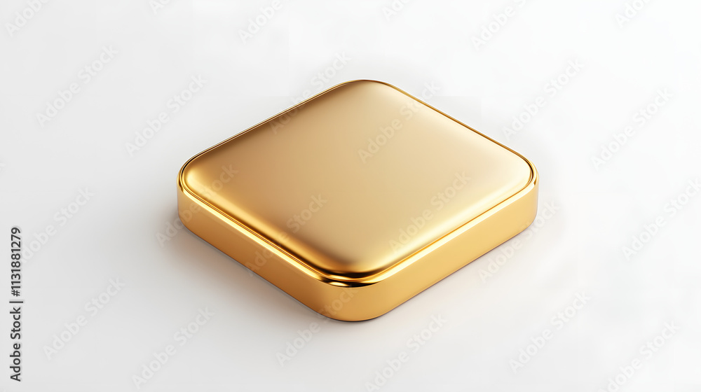 Poster blank mobile application icon, button - golden square with round corners. 3d rendering, white backgr