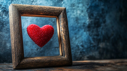 Framed red heart decoration for Valentine's Day celebration with rustic wooden frame