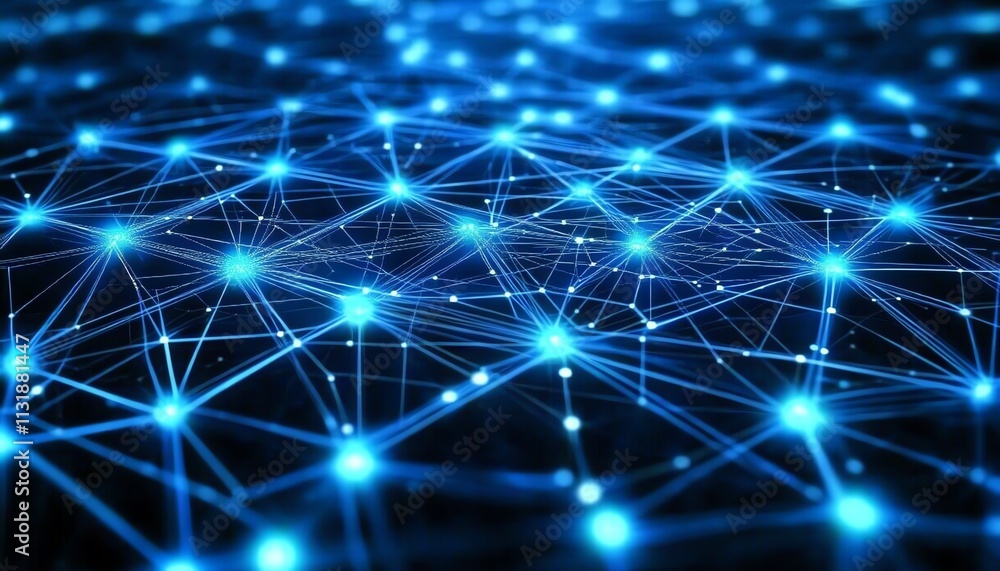 Poster abstract 3d network of connections with glowing dots and lines on a dark blue background, symbolizin
