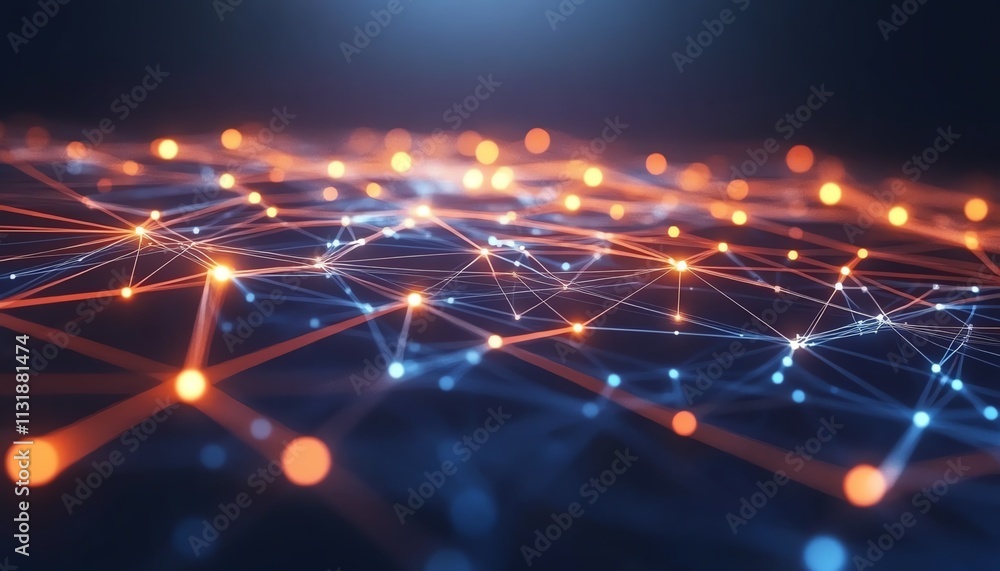 Poster abstract 3d network of connections with glowing dots and lines on a dark blue background, symbolizin
