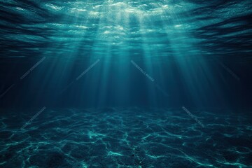 Underwater scene with sunlight rays and rippling water.