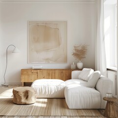 Square Scandinavian living room with minimalist wood carving credenza, smooth white decor, and bright modern design