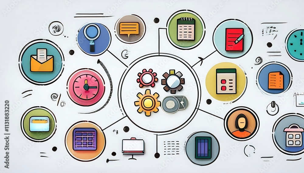 Poster an illustration shows icons representing scheduling and task management.