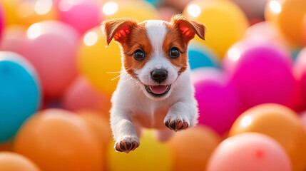 Adorable puppy jumping in a field of multicolored balloons