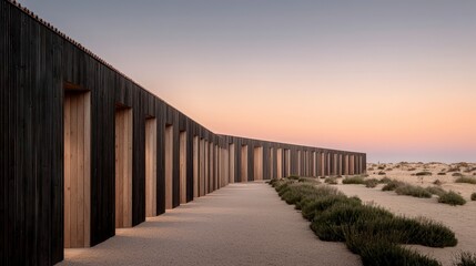 Obraz premium Minimalist Wooden House Exterior Sunset Landscape Architecture Design