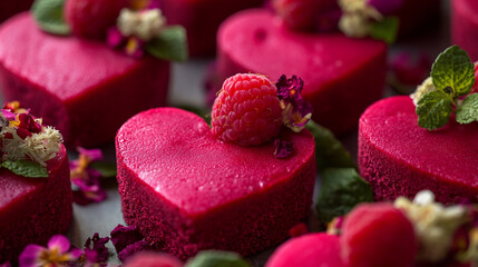 Heart-shaped desserts decorated with flowers and berries perfect for Valentine's Day celebration