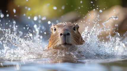 Energetic capybara splashing in crystal-clear water