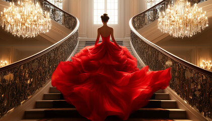 A flowing red ballgown on a staircase, illuminated by chandeliers.  Generative AI.