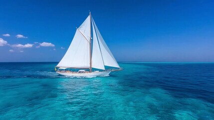 Naklejka premium Aerial View Sailboat on Turquoise Ocean Summer Vacation Luxury Yacht Tropical Getaway