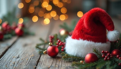 Obraz premium A vibrant red Santa hat rests on a rustic wooden table, adorned with lush green pine branches and shiny red ornaments. The warm bokeh lights in the background create a cozy holiday atmosphere, evoking