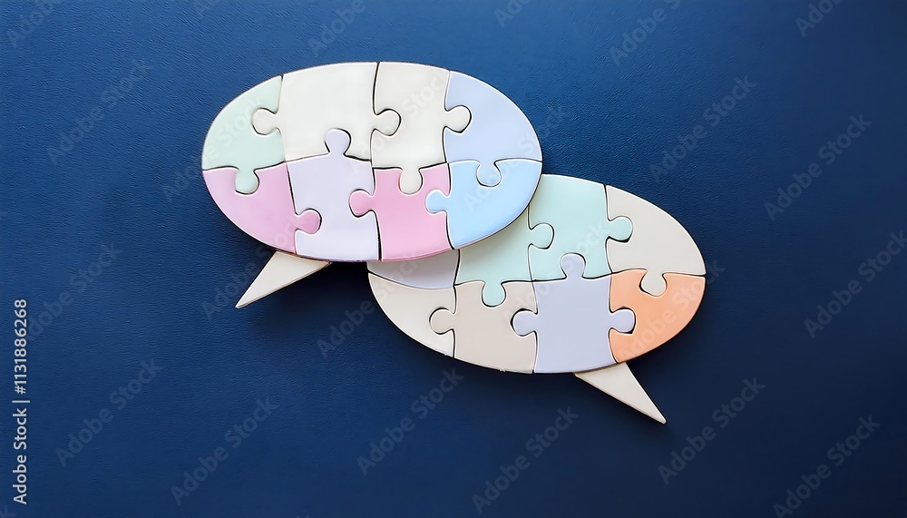 Poster interlocking puzzle pieces form speech bubbles, symbolizing connected conversation.