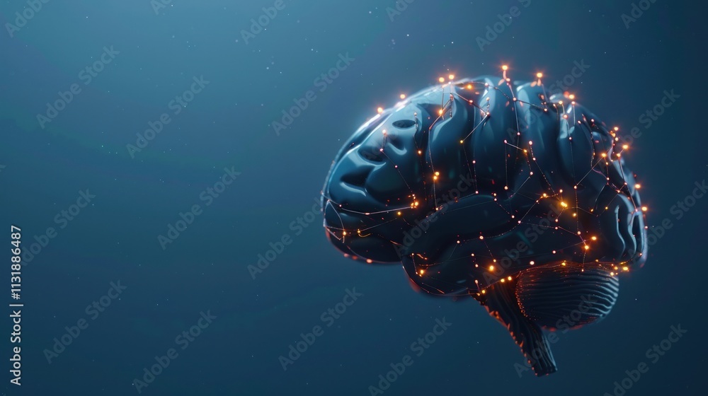 Poster 3d human brain with glowing circuit patterns on dark blue background, ai generated image