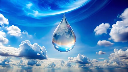 Fototapeta premium A single, large drop of water reflects a vibrant sky filled with fluffy white clouds