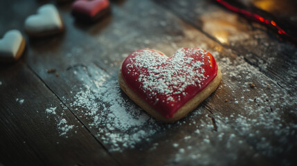 Fototapeta premium Heart-shaped cookie decorated with red icing and powdered sugar for Valentine's Day celebration