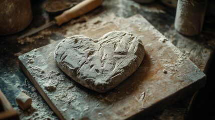 Heart-shaped sculpture crafted from clay for Valentine's Day celebration in a rustic workshop