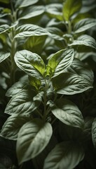 Obraz premium A close-up of fresh basil leaves lit by soft natural light. The vibrant green leaves show detailed veins and a glossy texture. This herb commonly used in culinary dishes. Generative AI