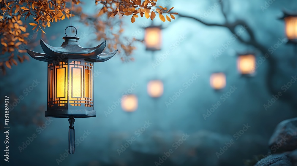 Poster serene lanterns illuminate chinese new year background in tranquil nature setting at dusk