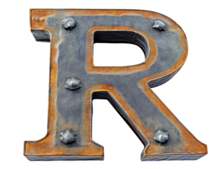 Rusty metal letter r on black background, vintage, industrial, grunge aesthetic for design