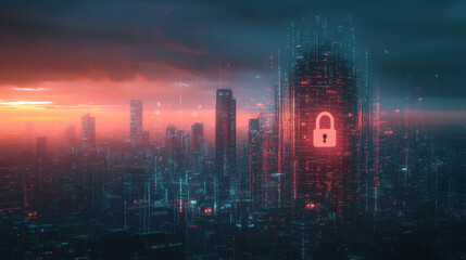 Naklejka premium Glowing Padlock hologram, night panoramic city view