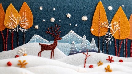 Naklejka premium DIY felt wall hangings with hand-stitched holiday designs, such as reindeer and snowy landscapes