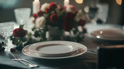 Obraz premium Romantic dinner setting with flowers and candles for Valentine's Day celebration