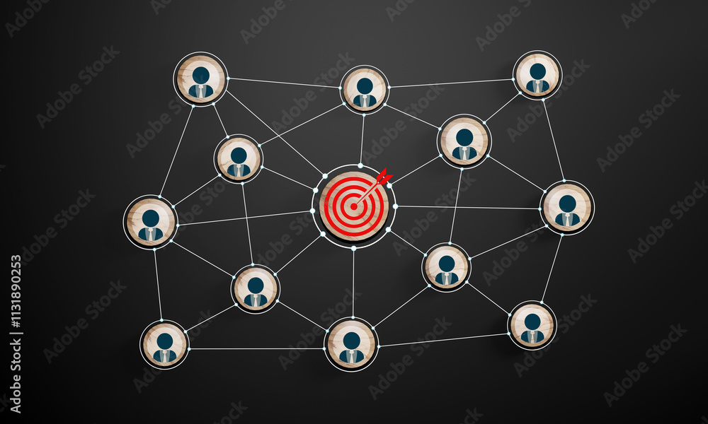 Wall mural red dartboard and red arrow connection linkage with human icon for customer focus target group and c