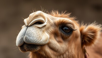 Obraz premium Close-up of a dromedary camel's face, showcasing its unique features and expressive eyes. The image is taken outdoors in natural light.