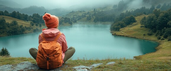 Serene Contemplation Woman Meditating by Misty Mountain Lake