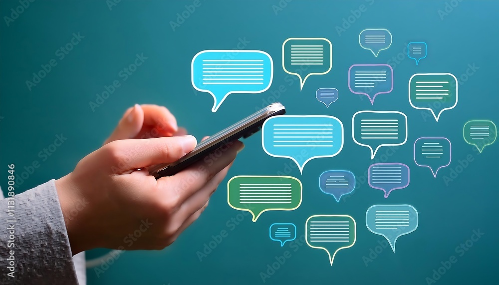 Poster speech bubbles illustrate a text message conversation, digital communication.