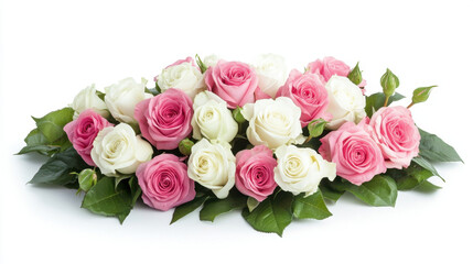 Naklejka premium Beautiful arrangement of white and pink roses with green leaves, perfect for decoration or gifting. This floral display brings touch of elegance and freshness to any setting